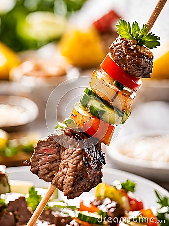 Beef kebab with vegetables on skewers Stock Photo