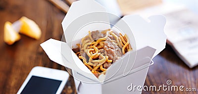 Beef lo mein in take out box panorama Stock Photo