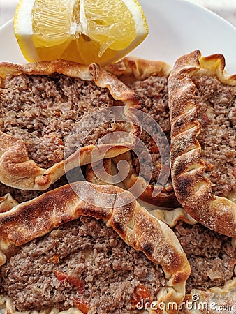 Beef Meat in Bread Lebanese Pastry | Lahm b Ajin Stock Photo