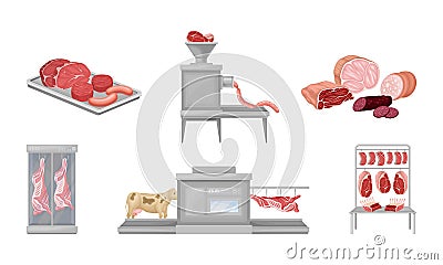Beef Meat and Sausage Products Automated Factory Production Line Process Vector Set Vector Illustration
