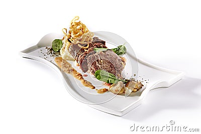 Beef Medallion or Mignon with Mashed Potato, Fried Onion Rings a Stock Photo
