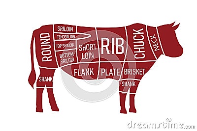 Beef parts of the cow isolated on wite background. red beef meat cuts. Cartoon Illustration