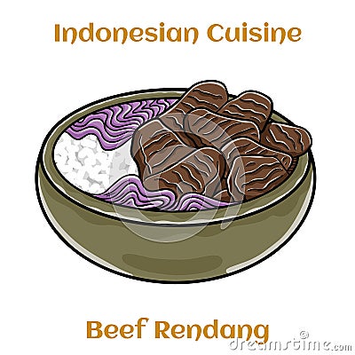 Beef Rendang. Indonesian traditional food with Herbs and Spices Vector Illustration