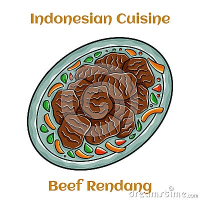 Beef Rendang. Indonesian traditional food with Herbs and Spices Vector Illustration