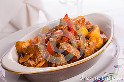 Beef Saute in Oval Baking Dish Stock Photo