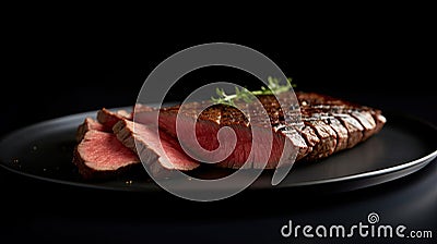 Beef, sliced beef steak on black plate. Generative Ai Stock Photo