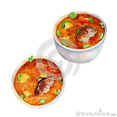 Beef soup, watercolor illustration in hand-drawn style isolated Cartoon Illustration