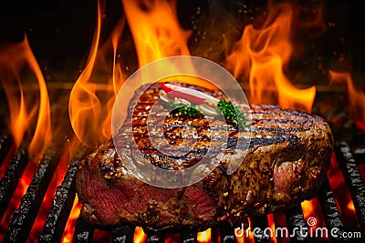 Beef Steak bbq with fire. Close-up view. created with Generative AI technology Stock Photo