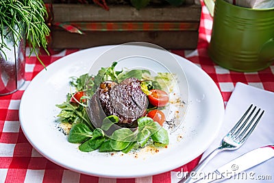 Beef steak chateaubriand with corn salad Stock Photo
