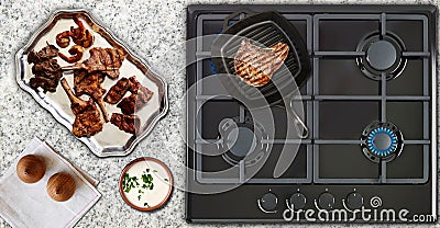 Beef Steak in a Grill Pan Stock Photo