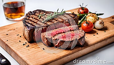 Beef steak served in wooden cuttting board on white blurry background. Grilled steak, medium rare Stock Photo