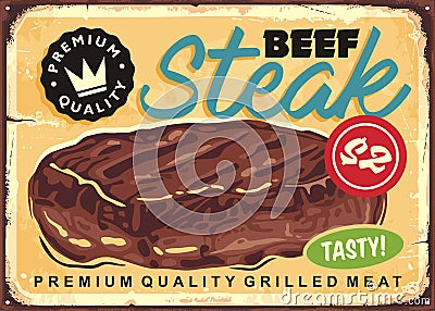 Beef steak vintage sign post with grilled meat Vector Illustration