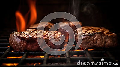 Beef steaks on the grill with flames, professional pastel color room grading, AI Generative Stock Photo