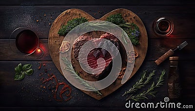 Beef Steak Heart Shape And Spices On Wooden Background - Generative AI Stock Photo