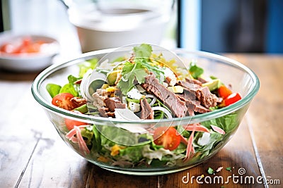 beef taco salad in clear bowl with creamy dressing Stock Photo