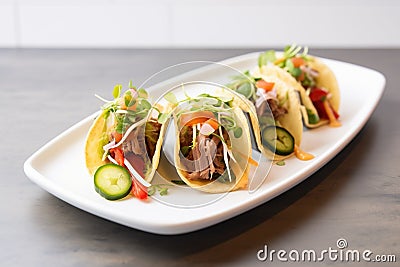 beef taco trio with various toppings on white plate Stock Photo