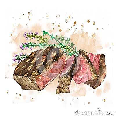 Beef with Thyme. Watercolor ribeye steak. Hand drawn illustration. Isolated on white background Cartoon Illustration