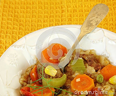 Beef Vegetable Stew with Yellow Background. Stock Photo