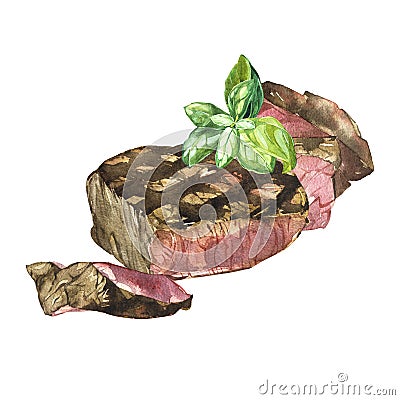 Beef and basil. Watercolor ilustration of ribeye steak. Isolated on white background. Stock Photo