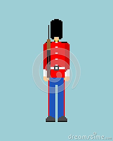 Beefeater British Royal Guardsman pixel art. 8 bit sentry grenadier in bear hat. pixelated Vector illustration Vector Illustration