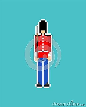 Beefeater British Royal Guardsman pixel art. 8 bit sentry grenadier in bear hat. pixelated Vector illustration Vector Illustration