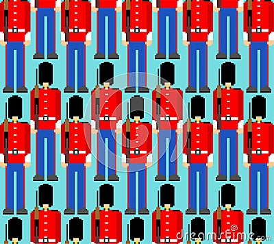 Beefeater British Royal Guardsman pixel art pattern seamless. 8 bit sentry grenadier in bear hat background. pixelated Vector Vector Illustration