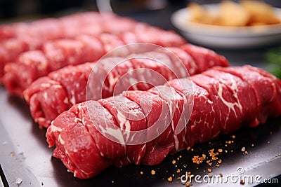Beefy perfection raw meat close up, cooking meat rolls in class Stock Photo
