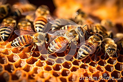 beehive close-up with bees collecting pollen Stock Photo