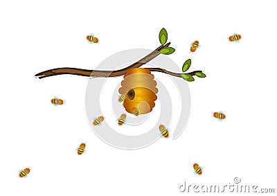 A beehive hanging on a branch and bees flying towards it, isolated on a white background. Illustration. vector Vector Illustration