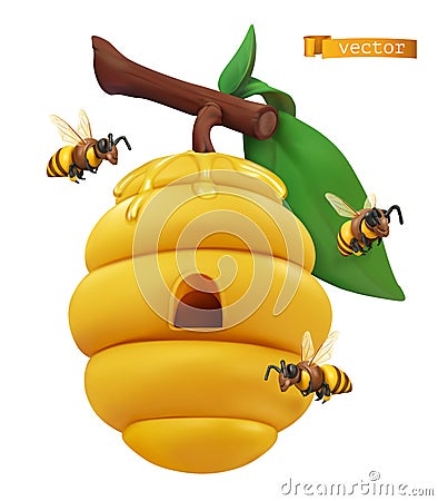 Beehive on tree branch and honey bees Vector Illustration
