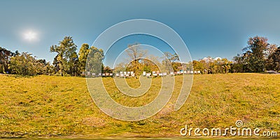 Beehives in Botanical garden Georgia Batumi blue sky trees spring with 3D spherical panorama with 360 degree viewing angle Ready Stock Photo