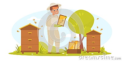 Beekeeper apiarist. Farmer man in protective clothing collects honey in apiary, hives with bees, healthy sweets, special Vector Illustration