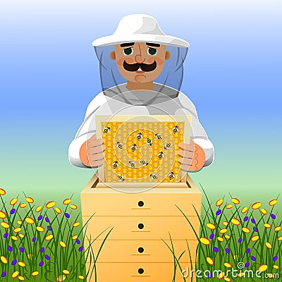 Beekeeper on apiary. A man in a white beekeeper suit works near a beehive. Sunny summer day on a flowering meadow. Vector Illustration