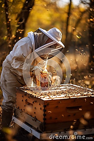 A beekeeper checks the hives at the apiary. Selective focus. Stock Photo