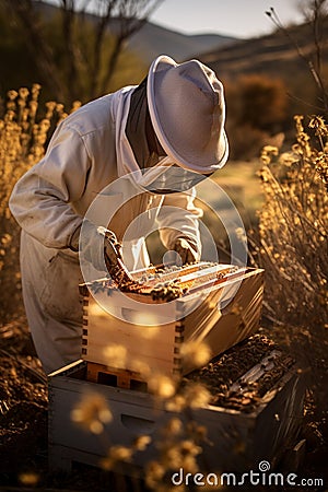 A beekeeper checks the hives at the apiary. Selective focus. Stock Photo