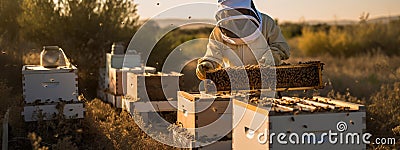 A beekeeper checks the hives at the apiary. Selective focus. Stock Photo