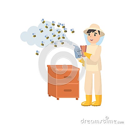 Beekeeper collects honey from bees. Beekeeper in a bee protection suit with a jar of honey. Cartoon Illustration