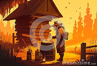 A beekeeper collects honey from the hive. AI Generated Stock Photo