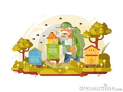 Beekeeper elderly man Vector Illustration