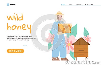 Beekeeper holding honeycomb near hive engage beekeeping a vector web banner. Vector Illustration