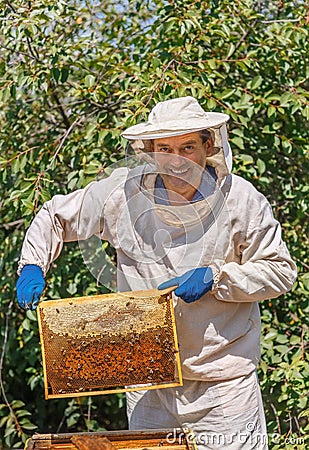 Beekeeper holding a honeycomb Stock Photo