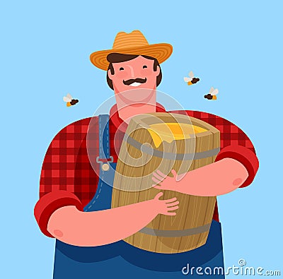 Beekeeper is holding a wooden keg with honey. Beekeeping, cartoon vector illustration Vector Illustration