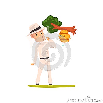 Beekeeper man looking at the hive hanging on a tree branch, apiculture and beekeeping concept vector Illustration Vector Illustration