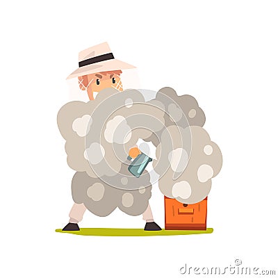 Beekeeper man with smoker smoking hive, apiculture and beekeeping concept vector Illustration Vector Illustration