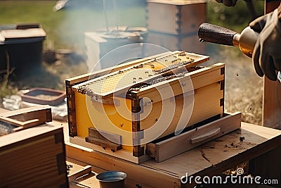 beekeeper in protective gloves using bee smoker while working in apiary with beehive. Ai generative Stock Photo