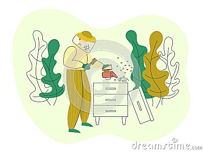 Beekeeper in a protective suit working on apiary hive with brush and smoker. Honey organic business production process Vector Illustration