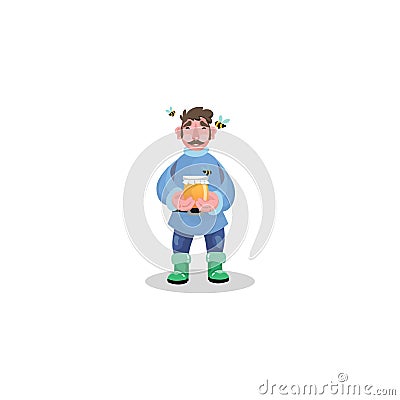 Beekeeper in special clothes holding jar with honey Vector Illustration