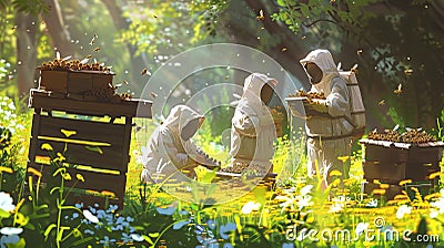 Beekeepers tending to hives in a sunlit meadow. Apiculturists at work in a blooming field. Family involved in beekeeping Stock Photo