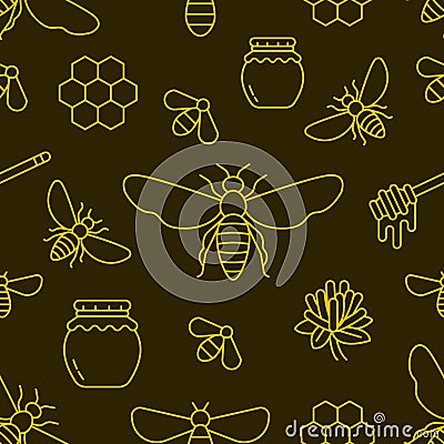 Beekeeping, bee seamless pattern yellow and black color, apiculture vector illustration. Apiary thin line icons - Vector Illustration