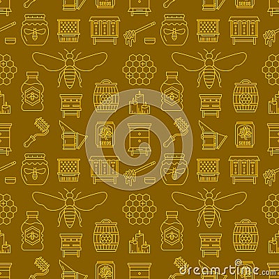 Beekeeping colored seamless pattern, apiculture vector illustration. Apiary thin line icons - bee, beehives, barrel Vector Illustration